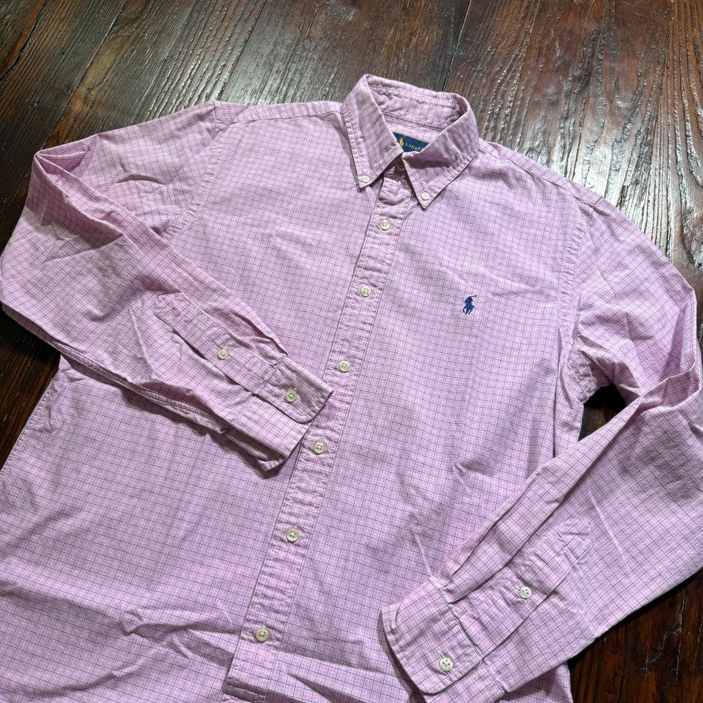 Ralph Lauren Shirt‎ Mens Medium Pink Plaid Custom Fit Preppy Dressy Button Down